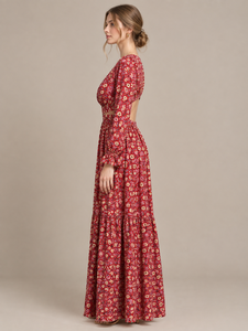 Robe d'été bohème rouge à imprimé floral, col en V, manches longues, taille découpée, ourlet évasé – Vêtement féminin idéal pour l'été – Vente en gros - Product Image 3