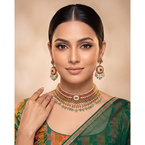 Madhavi Traditional Premium Gold-Plated Necklace Earring & Ring Set for Festivals - Product Image 1