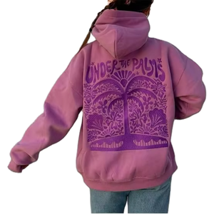 Sudadera Extra Grande para Mujer, Diseño Floral Morado con Palmeras y Letras en la Espalda, Tejido de Algodón, Estilo Otoñal, Manga Regular - Product Image 1