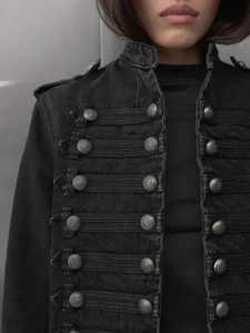 Y2K Retro Hussars Jacket Turn-down Collar <b>Double</b> <b>Breasted</b> Horn Button Regular-Length Denim Jacket <b>Men</b> Boxy <b>Coat</b> Front - Product Image 5