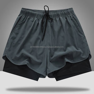 กางเกงขาสั้นรัดรูป5นิ้วของผู้ชายแบบ2 in 1ผ้าโพลีเอสเตอร์สไตล์ทึบเหมาะสำหรับใส่วิ่งออกกำลังกายแบบลำลอง - Product Image 5