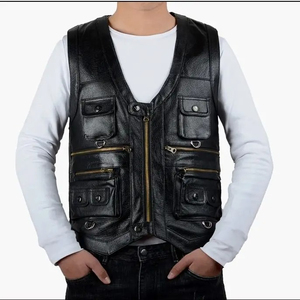 Cowhide Leather Vest Men <b>Brown</b> Waistcoat Male Sleeveless <b>Jacket</b> Thick High Quality Motorcycle Vest Multi Pocket Zipper - Product Image 6