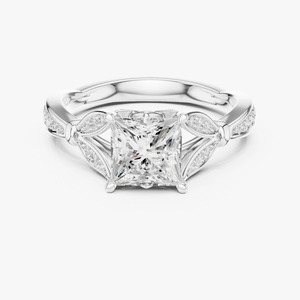 Anillo de Compromiso con Diamante Cultivado en Laboratorio de Corte Princesa de 1.72 Ct, Oro Amarillo de 9K con Acento de Hoja de Filigrana, Joyería al por Mayor - Product Image 1