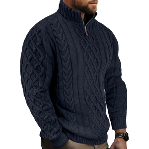 Men's Navy Blue <b>Cable</b> <b>Knit</b> Quarter Zip <b>Sweater</b> Regular Fit Wool Solid Color Casual Winter Pullover Stand Collar Anti-Pilling - Product Image 1