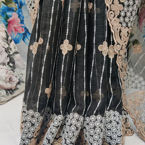 ลายดอก lucknow Chino ผ้าไหม georgette สีทอง Jari Swarovski หินชายแดนสไตล์ชาติพันธุ์ยืดได้ - Product Image 1