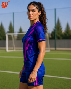 เสื้อฟุตบอลหญิงแบบสั่งทำพิเศษ ลายซับลิเมชั่นล้ำสมัย สำหรับทีม |   ฟุตบอลสีน้ำเงินโคบอลต์และสีม่วงแดง OEM - Product Image 5