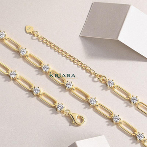 Women's 14k Gold Plated S925 Geometric Link <b>Chain</b> Necklace with Round Lab Grown Stones Hiphop Wedding Luxury Everyday Wear - Product Image 5