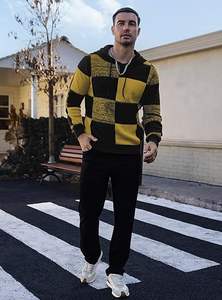 Sweat à capuche pour homme brodé à motif damier color-block, tricot gaufré texturé, 100 % coton, coupe oversize - Product Image 5