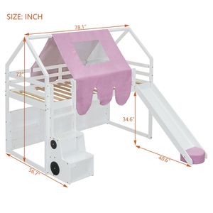 Lit mezzanine en bois blanc et rose pour enfants, taille double, avec cadre en forme de maison et tente – Catégorie de produit : Lits pour enfants - Product Image 6