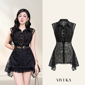 Women's <b>Black</b> <b>Sheer</b> Floral Lace Sleeveless <b>Shirt</b> Pointed Satin Collar Button Down Long Blouse Sexy Chic Summer Top SONYA - Product Image 1