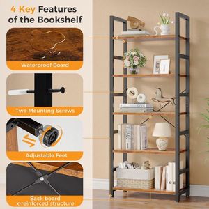 Étagère à livres rustique à 5 niveaux, bibliothèque industrielle autoportante pour le rangement à la maison, au bureau ou dans le salon - Product Image 5