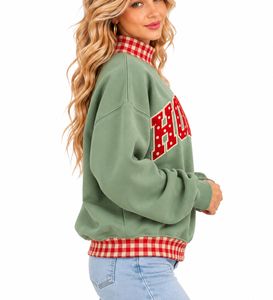 Sudadera navideña extragrande personalizada para mujer, cuello simulado, tela a cuadros, lunares, apliques de letras, bordado con puntada satinada. - Product Image 2