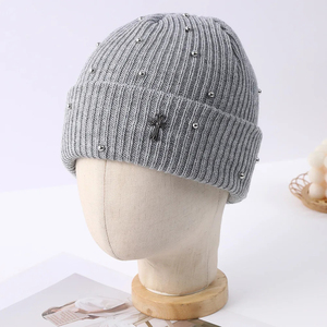 Luxury Shiny Rhinestone Cross Decoration Beanie Winter Daily Cuffed Ribbed Knit <b>Hat</b> - Product Image 4