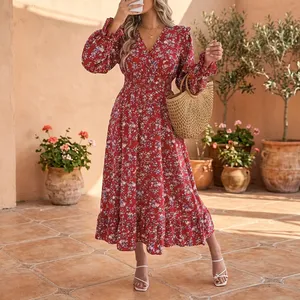 Vestido Maxi Casual Holgado de Manga Larga con Estampado Floral Transpirable y Cintura Imperio de Boh Creation para Mujer, Ideal para Primavera y Otoño - Product Image 3
