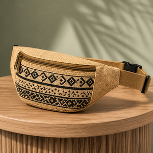 Eco Friendly Geometric Pattern <b>Medium</b> Capacity Jute Fanny Pack Zipper Chest Pack Waist Bag Durable Crossbody Sling <b>Purse</b> - Product Image 2