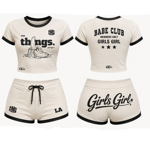 Conjunto de 2 piezas de algodón 100% para mujer: Top corto tipo Ringer y shorts, atuendo casual de verano con estampado de algodón estilo streetwear. - Product Image 3