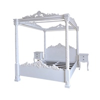 Lit à baldaquin de style français provincial, taille King, en bois massif d'acajou, blanc antique, pour chambre à coucher