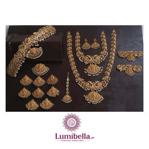 South Indian Bridal Wedding Fine Jewelry Set-24K Gold Plated Designer Necklace and Earring with Ruby and Zircon - Product Image 1