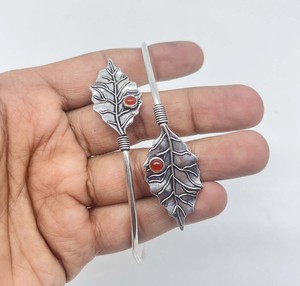 Natural Carnelian Leaf Arm <b>Bracelet</b> <b>Silver</b> Plated Upper Arm <b>Bracelet</b> Open Armlet For Women - Product Image 6