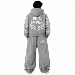 "Custom Logo Grey Bling Sweasuit OEM Designer Crystal <b>Fleece</b> Hoodie and Baggy Pants High-Fashion Urban Wear for Boutique Brands - Product Image 2