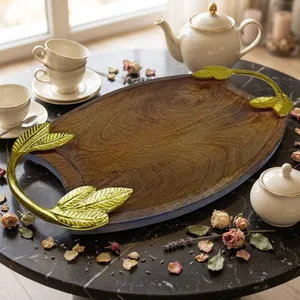 Wooden Storage Tray with Golden Leaf Handles | Decorative Serving Tray for Home Kitchen <b>Dining</b> <b>Table</b> & Living Room - Product Image 4