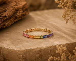 Gold Plated 925 <b>Silver</b> <b>Eternity</b> Band <b>Ring</b> with Rainbow Zircon Prong Setting Trendy Style Unisex Everyday Wear Jewelry - Product Image 6