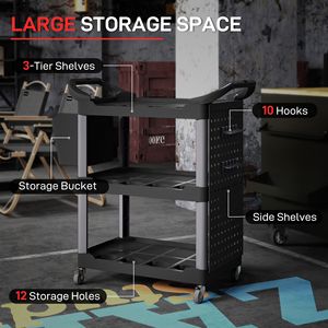 Carrello Portautensili a 3 Ripiani, Capacità 200 LBS, Nero e Grigio Chiaro, Carrello Multiuso in Plastica con Ripiano Laterale e Secchio - Product Image 4
