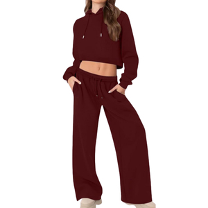 Ensemble décontracté 2 pièces pour femme, bleu marine, avec crop top à capuche et pantalon large, coupe ample, manches longues, en coton tricoté uni et respirant, idéal pour l'été - Product Image 2