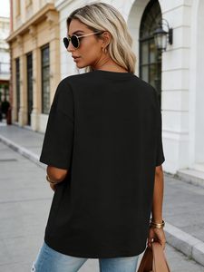T-shirt imprimé graphique 100 % coton pour femme, col rond, coupe ample et confortable, manches courtes, idéal pour l'été - Product Image 3