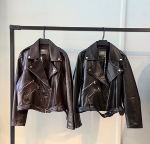 Custom <b>Biker</b> Leather <b>Jacket</b> Premium Soft PU Faux Leather Fabric Asymmetrical Zipper Waist Belt Custom Logo Printing Offer - Product Image 1