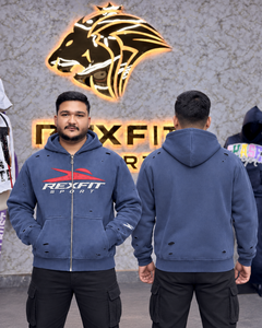 Sudadera con capucha para hombre azul polvoriento con cremallera completa, gráfico desgastado, forro polar grueso, chaqueta estilo streetwear, ropa urbana casual, OEM personalizado, venta al por mayor - Product Image 2