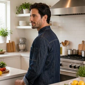 Veste de chef en denim longue moderne personnalisée, vêtements de travail de cuisine, uniforme de cuisinier exécutif extensible - Product Image 6