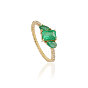 Anillo Apilable de Tres Piedras con Esmeralda y Diamantes, Diseño para Mujer, Tendencia en Ventas, Uso Diario, Oro Amarillo Puro de 14K - Product Image 3