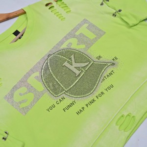 Neon <b>Green</b> Crop <b>Top</b> Women Short Sleeve Crew Neck Rhinestone Cap Print Oversized Loose Fit Comfortable OEM Spring Summer T-Shirts - Product Image 5