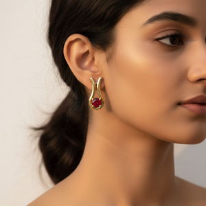 Wholesale Custom 10k Gold Glass Filled Ruby Stud <b>Earrings</b> Manufacturer Modern Curved J-Hoop Design <b>Fine</b> Jewelry for Women - Product Image 3