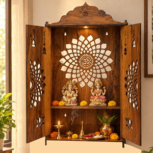 Mueble de Madera Minimalista Hecho a Mano para Pooja Mandir |   Campana de Loto Cortada con Láser |   Caja de Oración para el Altar del Hogar |   352060 cm |   Cumpleaños - Product Image 1