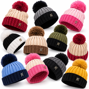 Wholesale Color <b>block</b> Pompom Beanie Unisex Chunky Knit Winter Hat Custom Metal Badge Ribbed Cuff Fashion Warm Cap B2B Supplier - Product Image 3