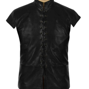 เสื้อกั๊กหนังแท้สไตล์โกธิคสำหรับผู้ชาย คอตั้ง แต่งเชือกไขว้ ไร้แขน - Product Image 1