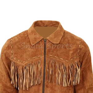 แจ็คเก็ตหนังแท้สไตล์คาวบอยสีน้ำตาลคลาสสิก แต่งขอบด้วยพู่หนัง ตกแต่งด้วยการเย็บแบบละเอียด ปกเสื้อแบบลา펠  มีจำหน่ายแล้ว - Product Image 4