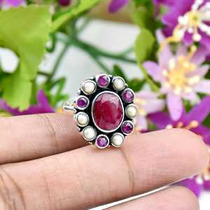 Bague en argent sterling 925 avec rubis vintage naturel et perles, design floral en grappe, style bohème, bijou fin - Product Image 2