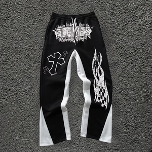 <b>Men's</b> Eco-friendly 100% Cotton Black Sweatpants Acid Wash <b>White</b> Flames Cross Print Elastic Waist Drawstring Street Style <b>Pants</b> - Product Image 1