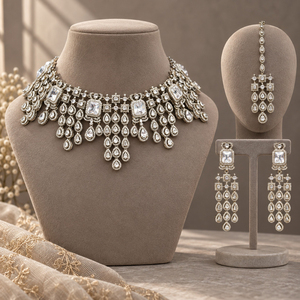 Wholesale Silver Plated CZ Bridal Necklace Earrings Maang <b>Tikka</b> Set Wedding Jewelry Factory Supply - Product Image 5