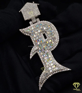 Baguette " P " <b>Initial</b> Pendant With Moissanite Diamond Hip Hop <b>Necklace</b> Bling Jewelry Gift - Product Image 4