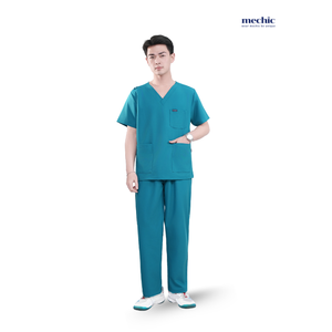 Ensemble de blouses médicales pour hommes Mechanic, couleur turquoise, col en V, manches courtes, uniforme d'hôpital, pantalon en coton et polyester tissé inclus - Product Image 2