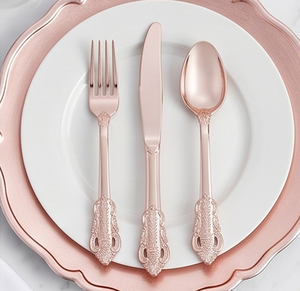 Rose <b>Gold</b> Plated Stainless Steel Cutlery Set <b>Vintage</b> Design <b>Mirror</b> Finish Dishwasher Safe Long Handle Dinnerware For Wedding - Product Image 4