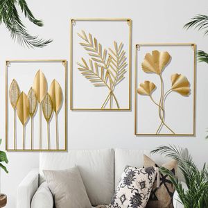 Ensemble de 3 cadres muraux en métal en forme de feuilles dorées, 15,7 x 23,6 pouces, pour la décoration intérieure du salon, de la chambre ou de l'hôtel - Product Image 1