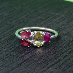 Anillo Clásico de Plata de Ley 925 Chapado en Oro con Turmalina Multicolor para Mujer, Joyería para Bodas - Product Image 5