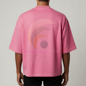 T-shirt à manches courtes en coton biologique délavé à l'acide, motif uni, style sport, avec broderie/strass de grande qualité – Vente en gros - Product Image 2