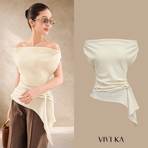 Blusa Casual de Fiesta para Mujer, Estilo Femenino, Hombros Caídos, Asimétrica, de Spandex/Poliéster, Transpirable, Antiestática, Lisa, Teñida, Color Sólido, GINA - Product Image 1