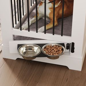 Cuccia per Cani in Legno Stile Rustico da 110 cm con 2 Cassetti Contenitori, Ciotole Girevoli per Cibo, Gabbia con Barre Metalliche di Sicurezza, Arredamento per Animali Domestici - Product Image 3